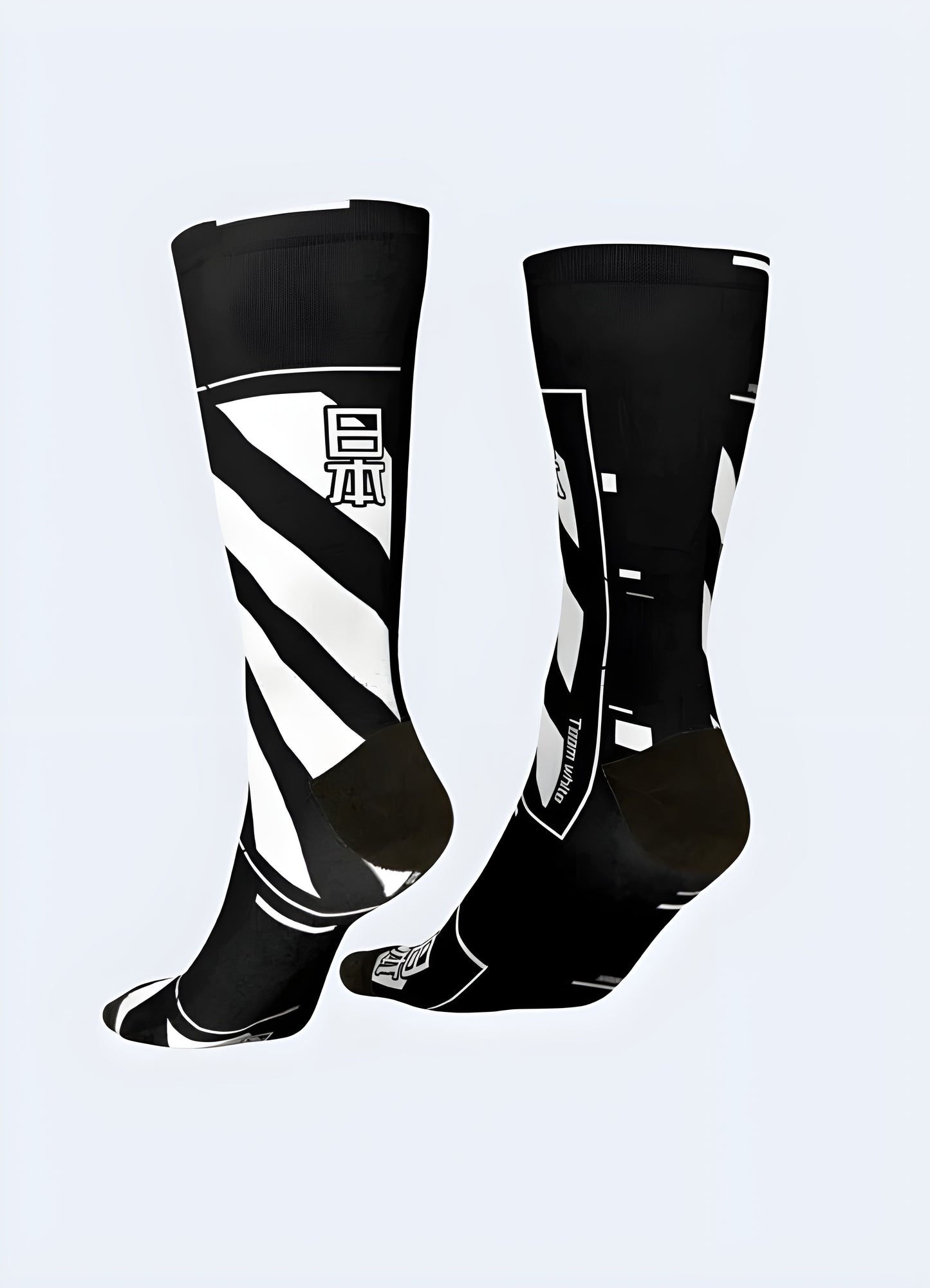 Back view of a wearing futuristic socks, highlighting the intricate patterns and cutting-edge design popular among UK tech enthusiasts.