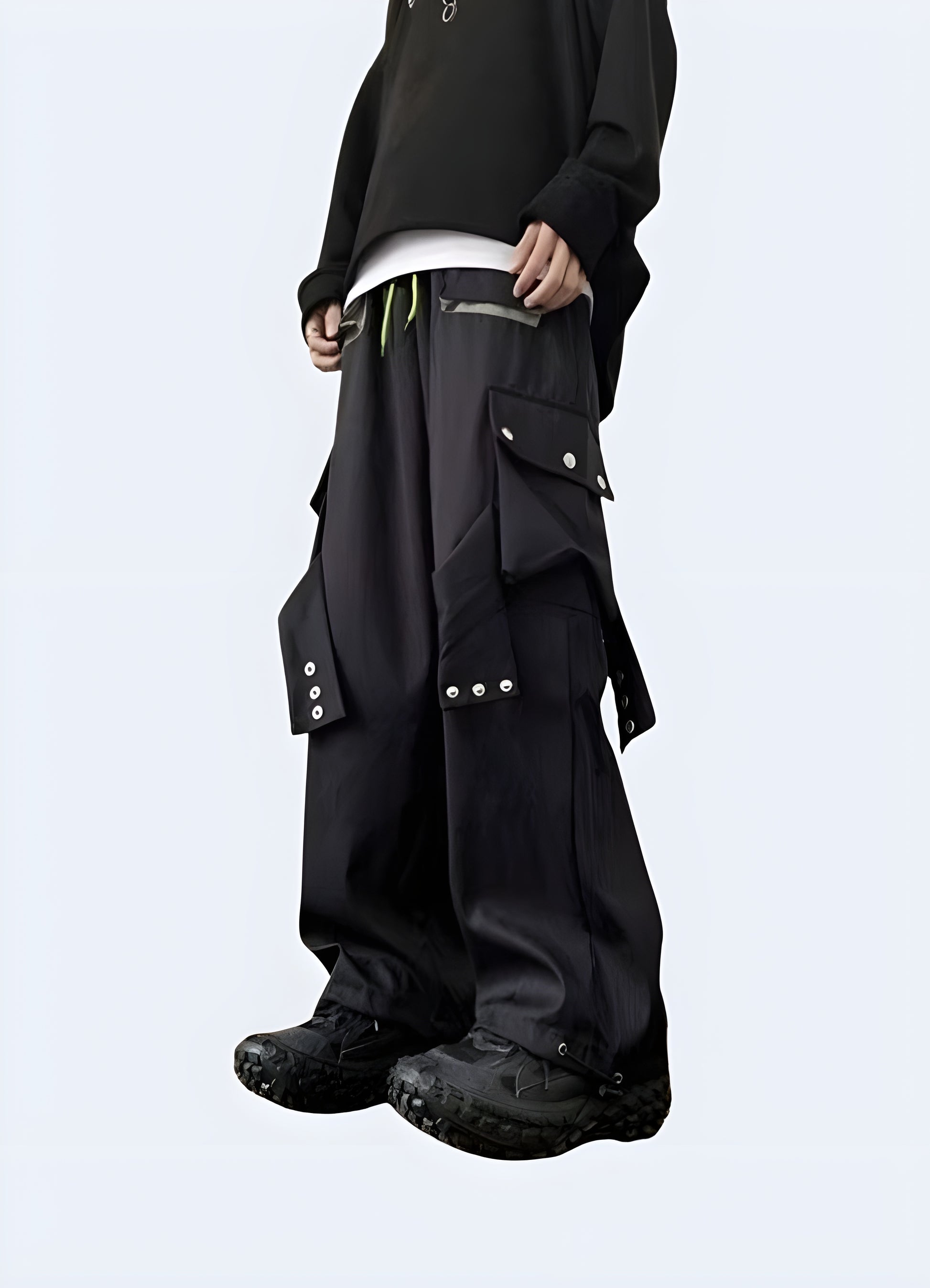 Woman modeling techwear cargo pants, showcasing the sleek design and practical features in a left side view, ideal for UK customers.