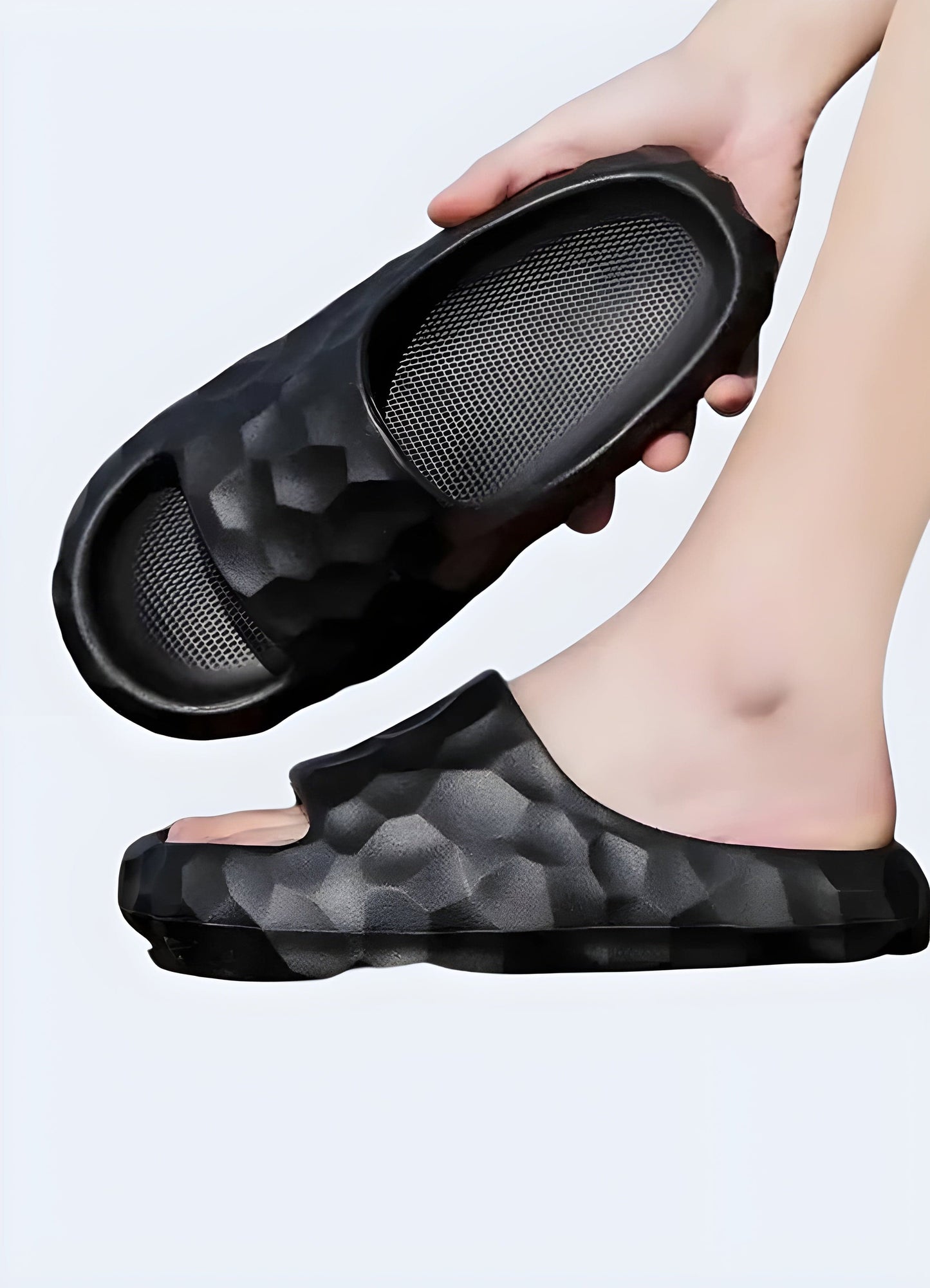 Front and side view of a woman wearing black chunky sandals, highlighting the fashionable and comfortable design, ideal for confident individuals seeking a statement-making summer look.