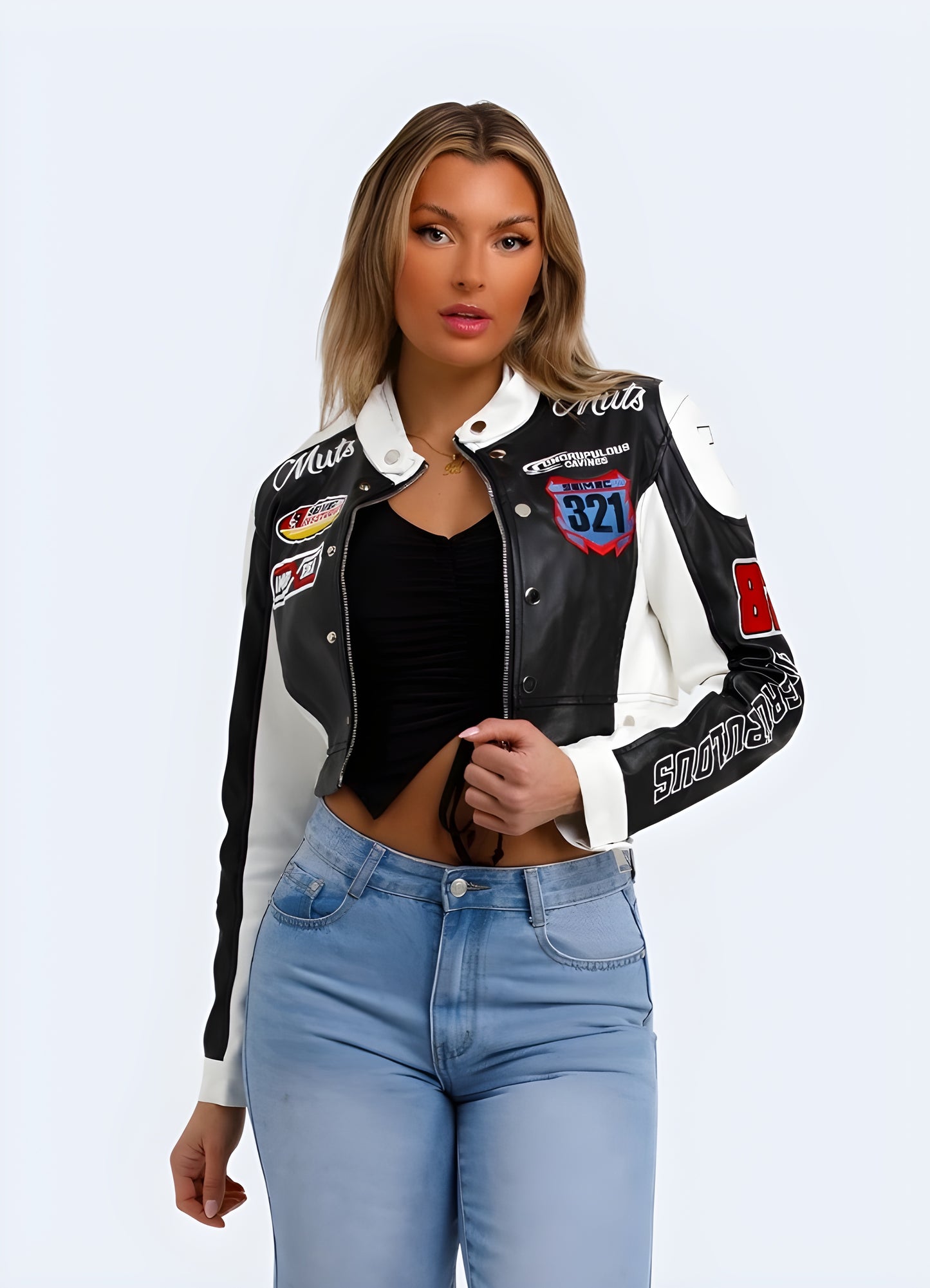 Edgy motorcycle pullover crop top, featuring a bold design inspired by motorcycle fashion for a daring look in the UK urban scene.