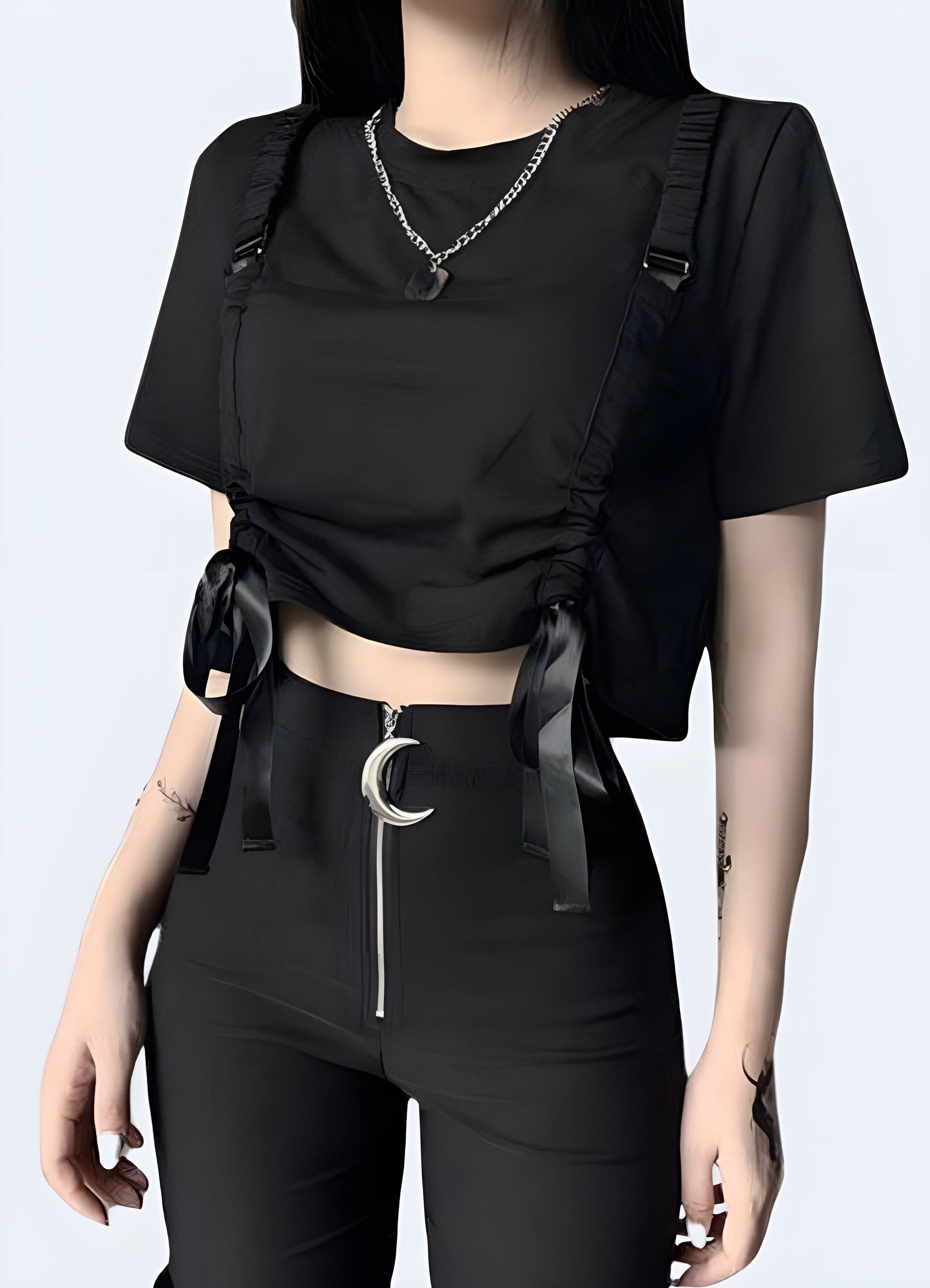 Front view of a techwear drawstring crop top, highlighting its cutting-edge aesthetics and advanced materials for a standout fashion statement in the UK.