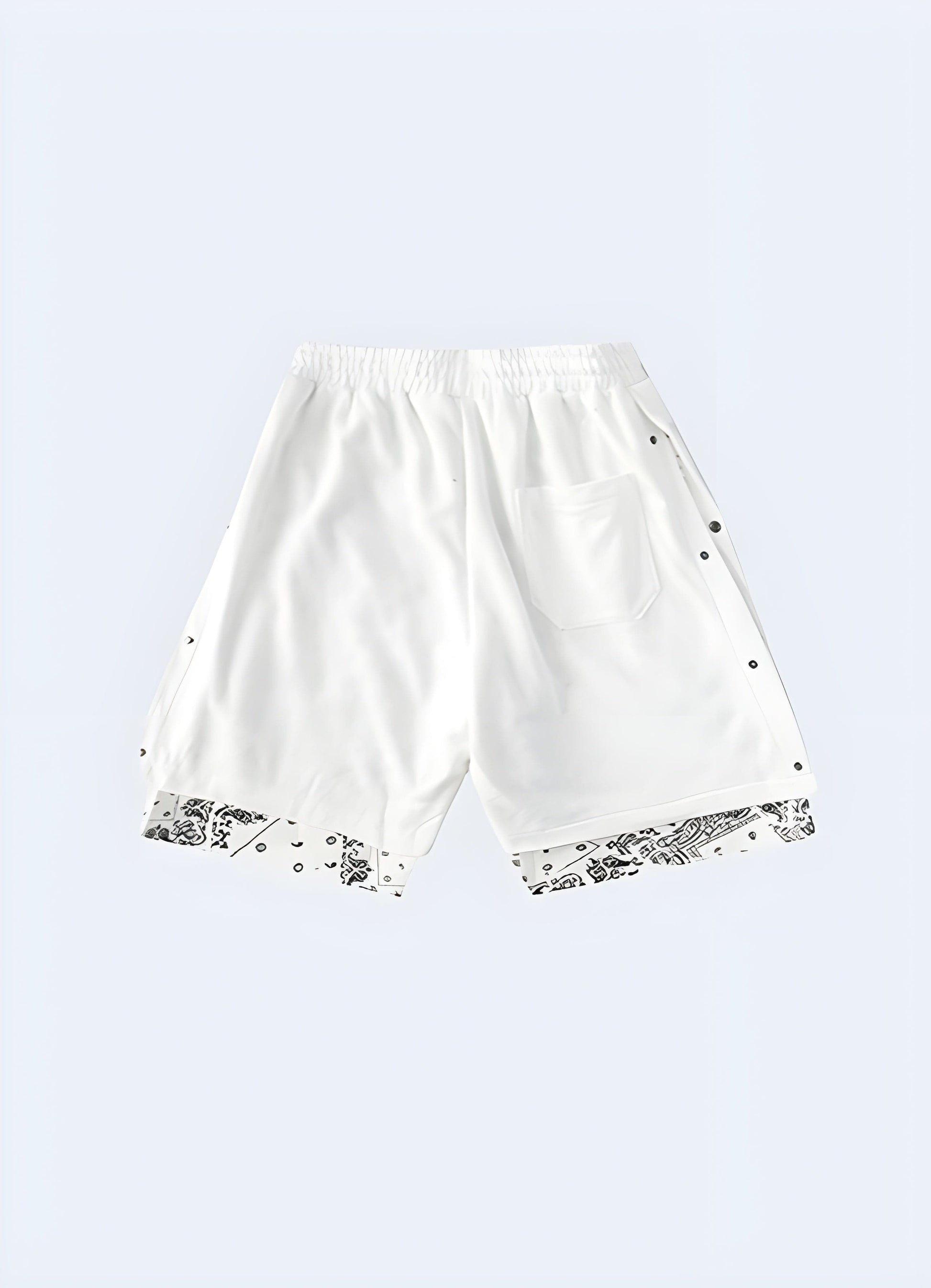 Back view of white bandana shorts, showcasing the attention-grabbing bandana pattern and comfortable fit, ideal for making a fashion statement in the UK.