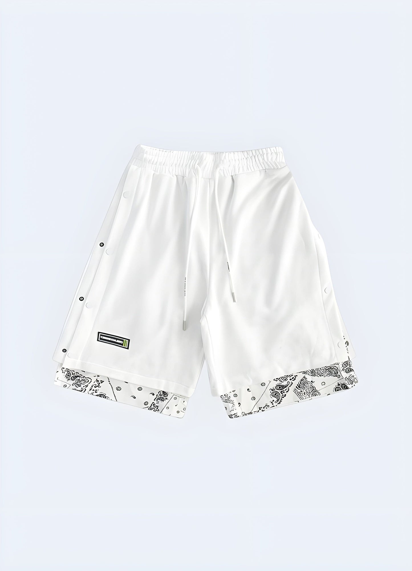 Front view of white bandana shorts, featuring a striking monochromatic design and trendy look, perfect for the UK streetwear enthusiast.