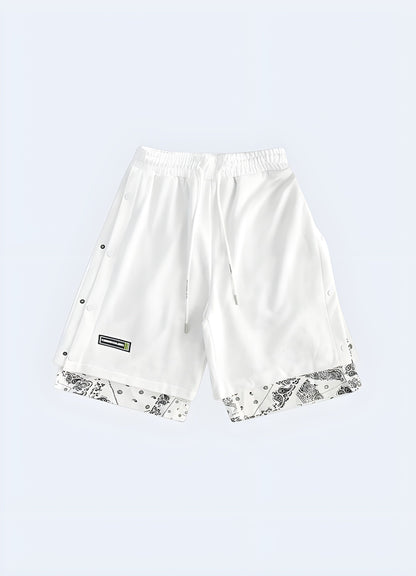 Front view of white bandana shorts, featuring a striking monochromatic design and trendy look, perfect for the UK streetwear enthusiast.