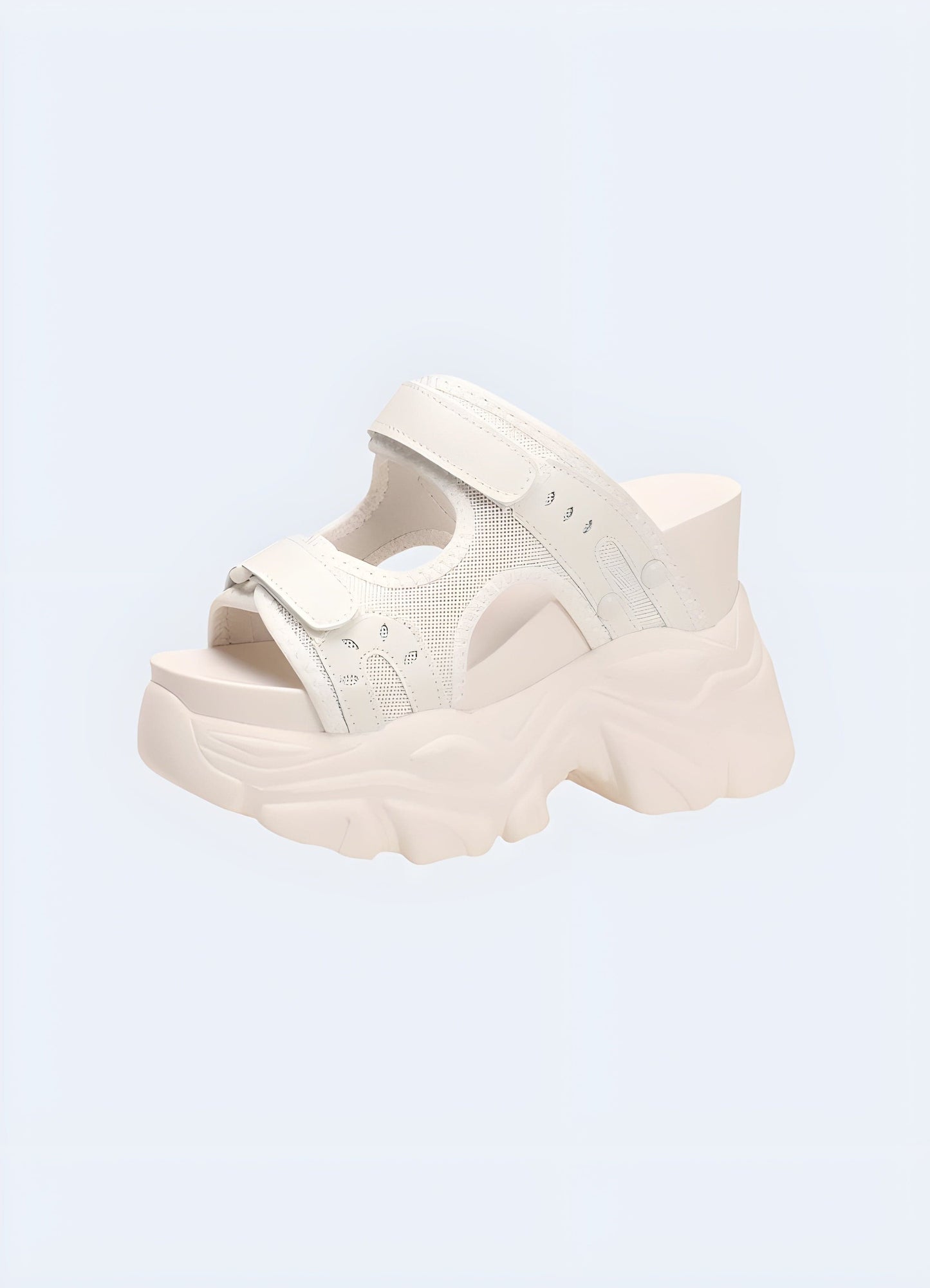 Front and side view of white chunky sandals, showcasing the sleek and minimalist design, sturdy platform sole, and versatile color suitable for various styles.