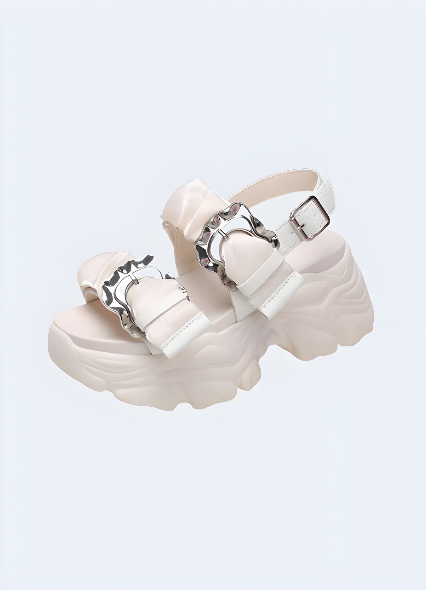 Front view of white chunky sandals, showcasing the trendy and stylish design perfect for summer fashion in the UK.