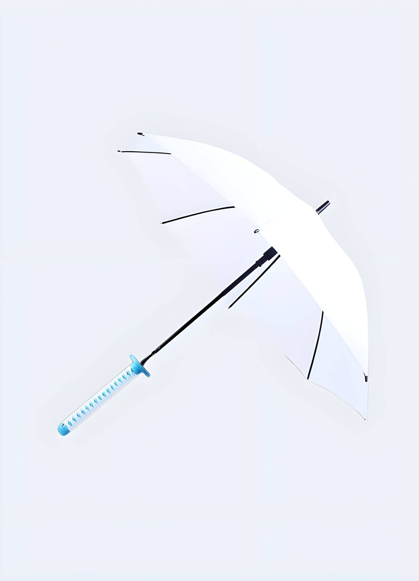 A white katana-style umbrella with blue fur trim. The umbrella is open, emphasizing the contrast between the white canopy and the vibrant blue fur trim.