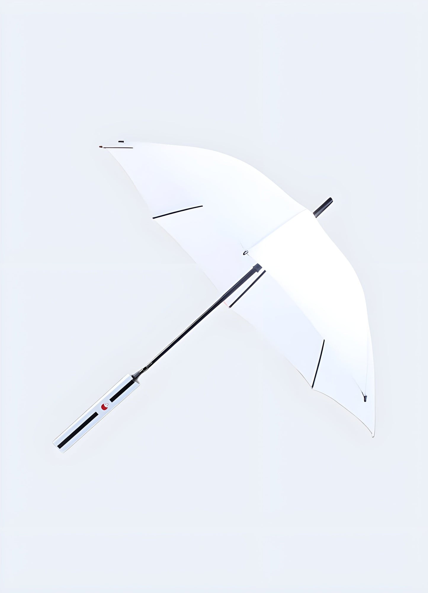 A model view of the white katana-style umbrella, demonstrating its overall design and structure. The umbrella is positioned to highlight.