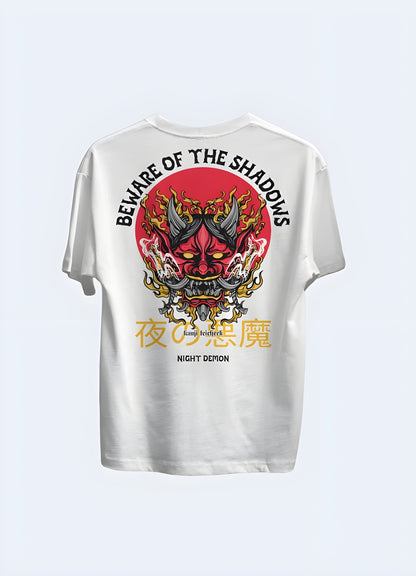 Front view of a white t-shirt with a striking oni demon design, offering a clean and versatile canvas for this iconic Japanese character in the UK.