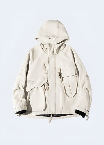 White streetwear jacket with multiple pockets, emphasizing its practical storage options, urban-inspired design, and fashion-forward appeal, ideal for UK consumers seeking a functional and stylish outerwear option.