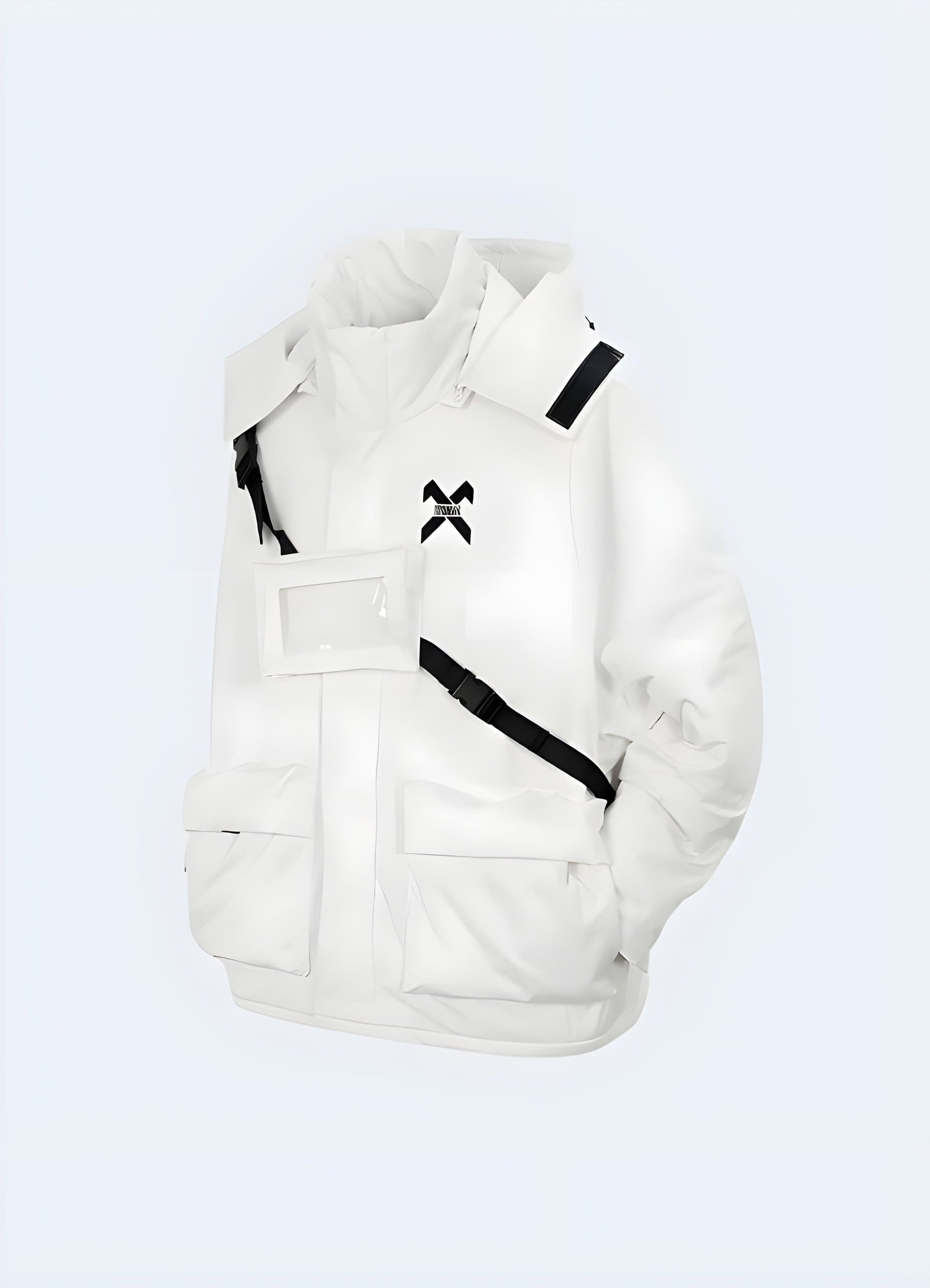 Front view of a white techwear jacket, showcasing its modern aesthetics and advanced features, perfect for UK's urban fashion scene and style-conscious consumers.