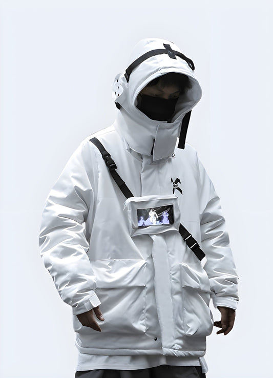 Innovative white techwear jacket, combining cutting-edge technology and sleek design for fashion-forward individuals in the UK.