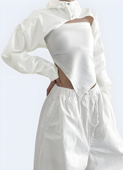 Chic white turtleneck crop top, perfect for creating a fashionable and sophisticated look in the UK.