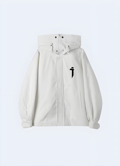 Front view of a white women's techwear jacket, highlighting its minimalist aesthetics and advanced materials for fashion-forward women in the UK.