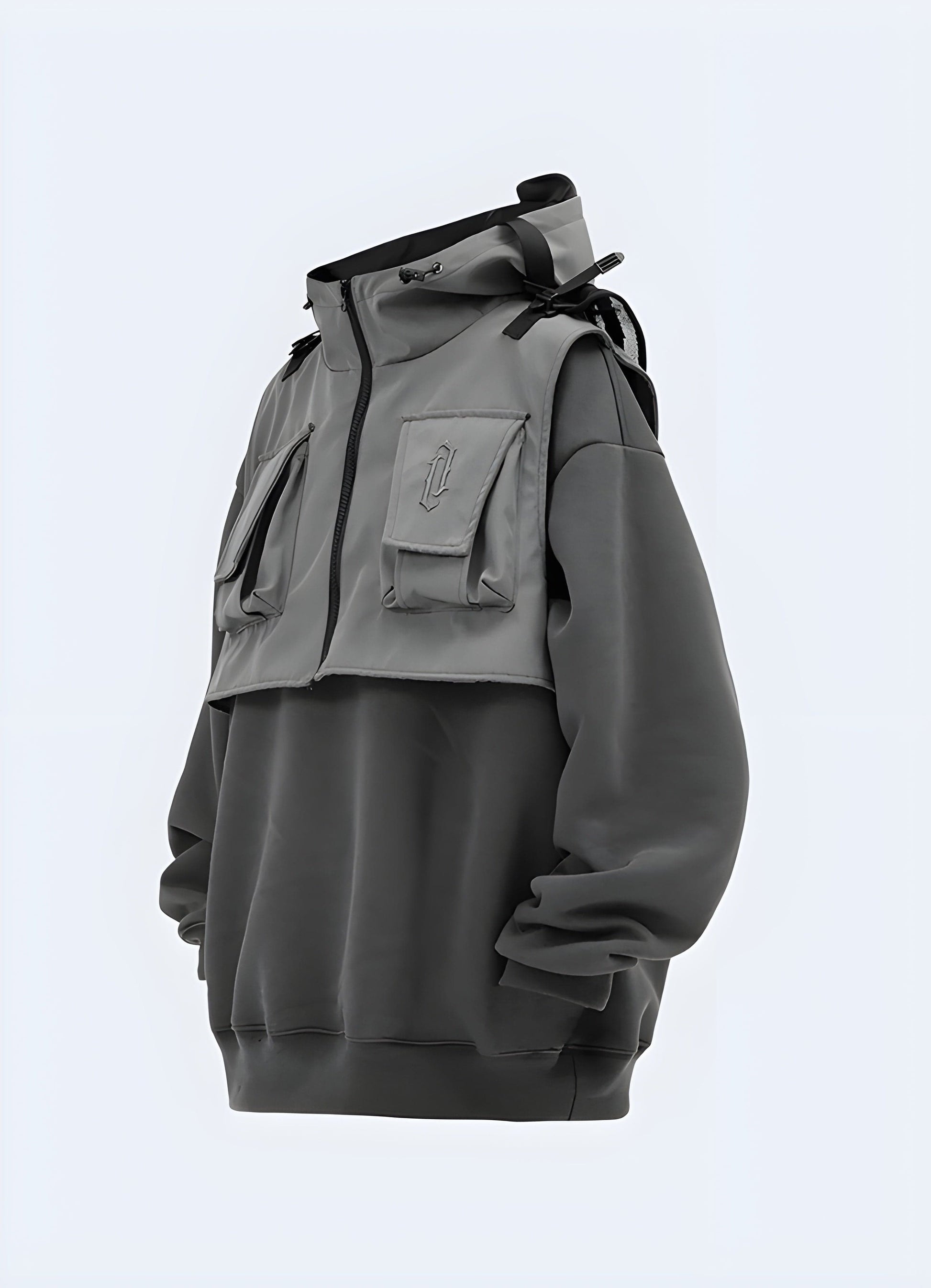 Front side view of a woman's techwear hoodie jacket, highlighting its functional features and sleek silhouette for fashion-forward women in the UK.