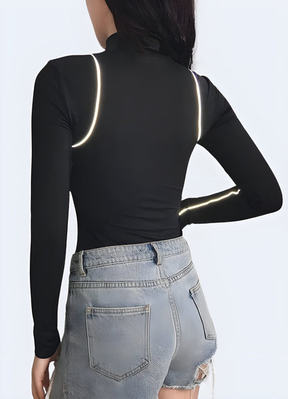 Back view of a sleek black turtleneck bodysuit, perfect for achieving a sophisticated and versatile look for UK fashion enthusiasts. The streamlined design and flattering fit make it an essential piece for elevating any outfit with timeless elegance.