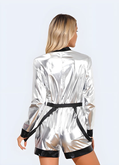 Back view of a woman in a captivating futuristic bodysuit, highlighting its distinctive features and edgy appeal for UK fashion-forward individuals.