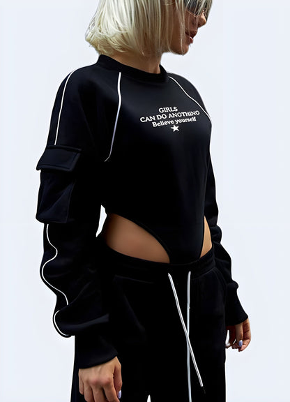 Side view of a woman in a cutting-edge techwear long-sleeve bodysuit, highlighting its unique features and contemporary appeal for UK techwear fans.