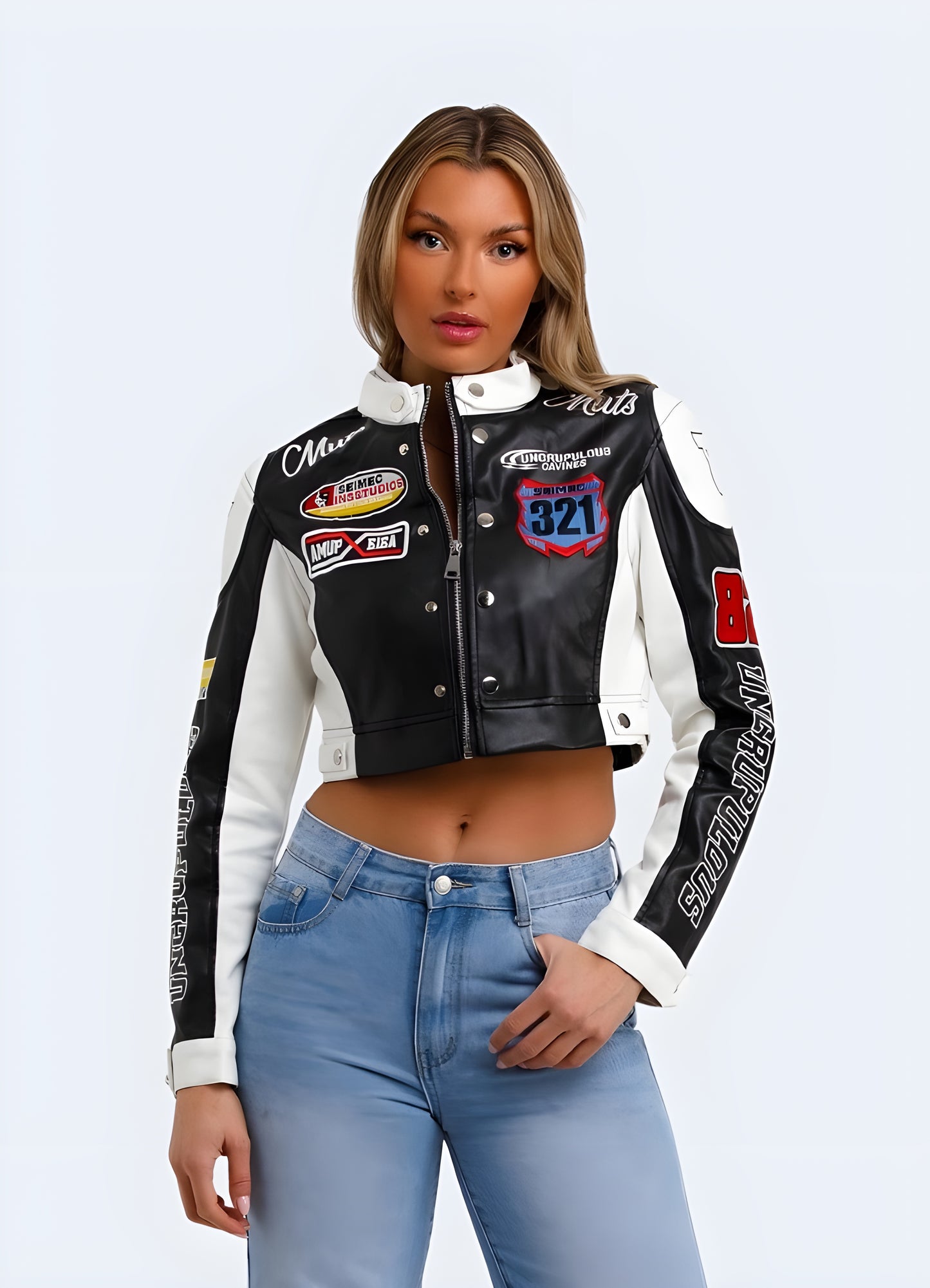 Front view of a motorcycle pullover crop top, emphasizing its cutting-edge aesthetics and innovative details for those embracing the motorcycle-inspired fashion trend in the UK.