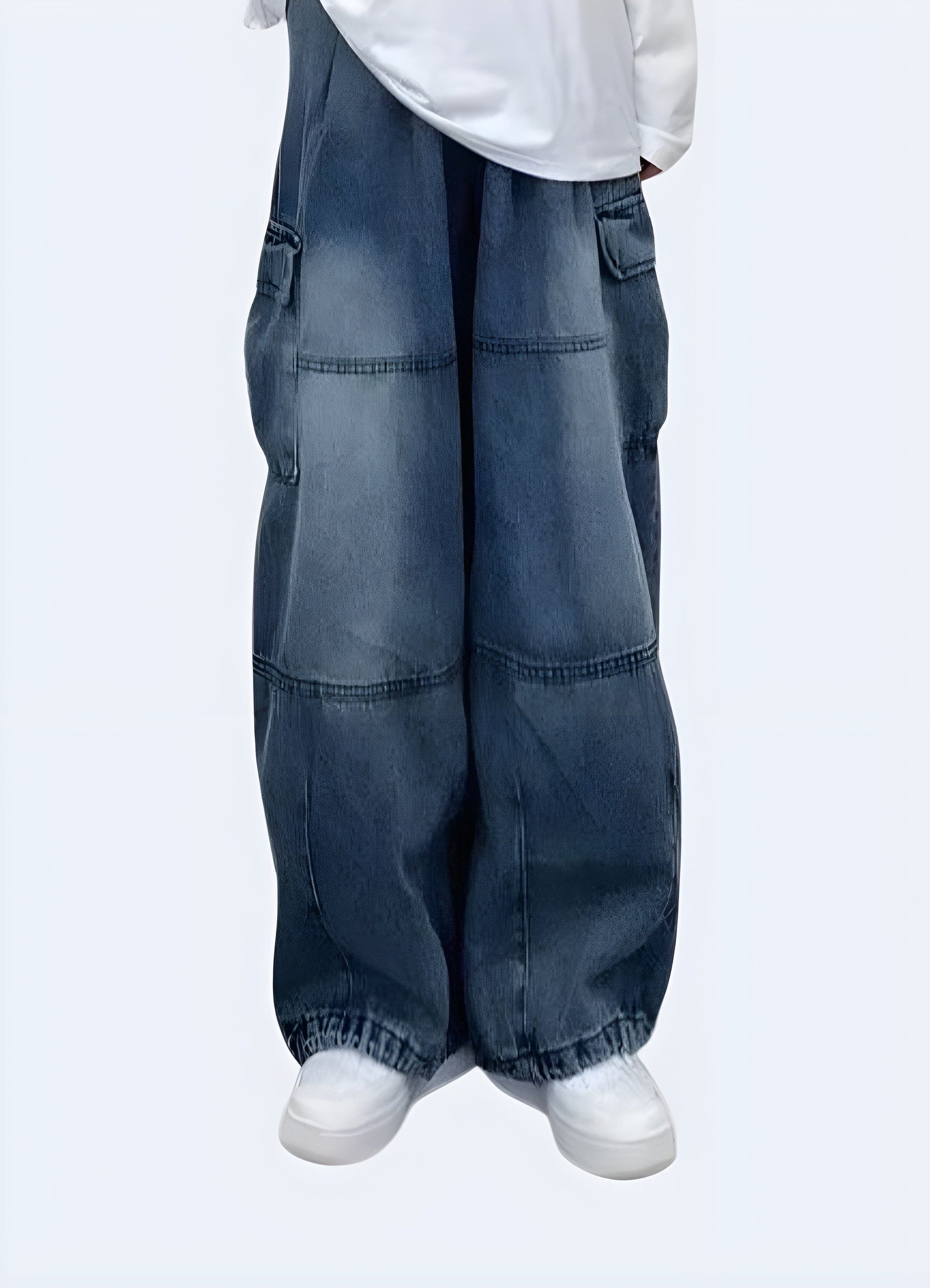 Front view of a woman wearing fashionable blue baggy cargo pants, showcasing the comfortable and stylish design, perfect for UK women.