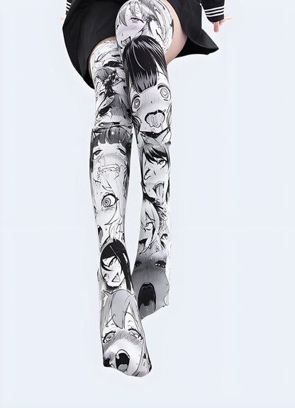 Women wearing black socks with cute anime girl designs, displayed from the front view, ideal for UK individuals who appreciate the fusion of fashion and Japanese pop culture.