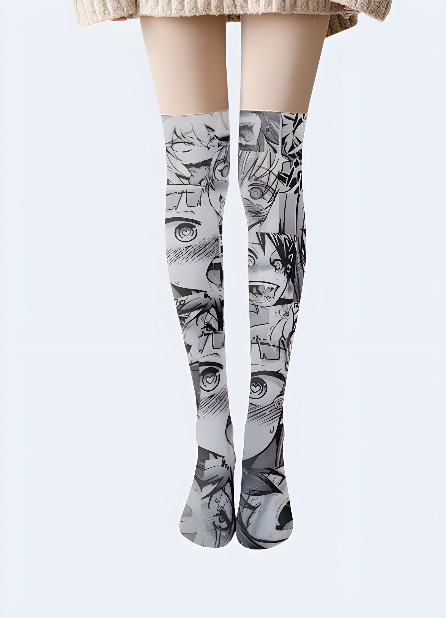 Front view of women wearing grey socks featuring delightful anime girl characters, catering to the tastes of UK consumers who enjoy expressing their love for anime through fashion.