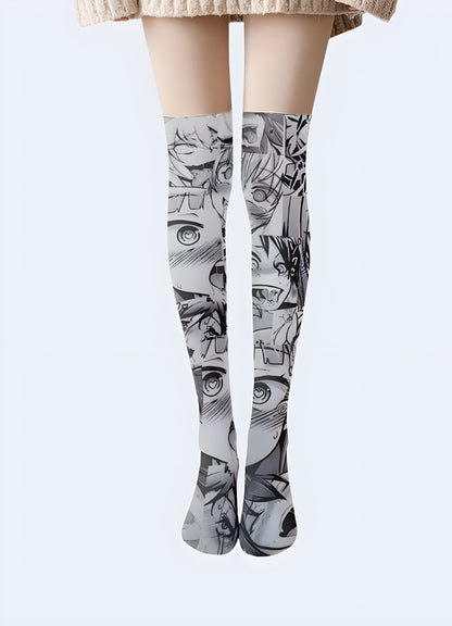 Front view of women wearing grey socks featuring delightful anime girl characters, catering to the tastes of UK consumers who enjoy expressing their love for anime through fashion.