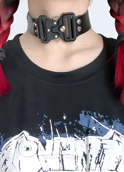 Front view of a woman wearing a belt buckle necklace in the UK.