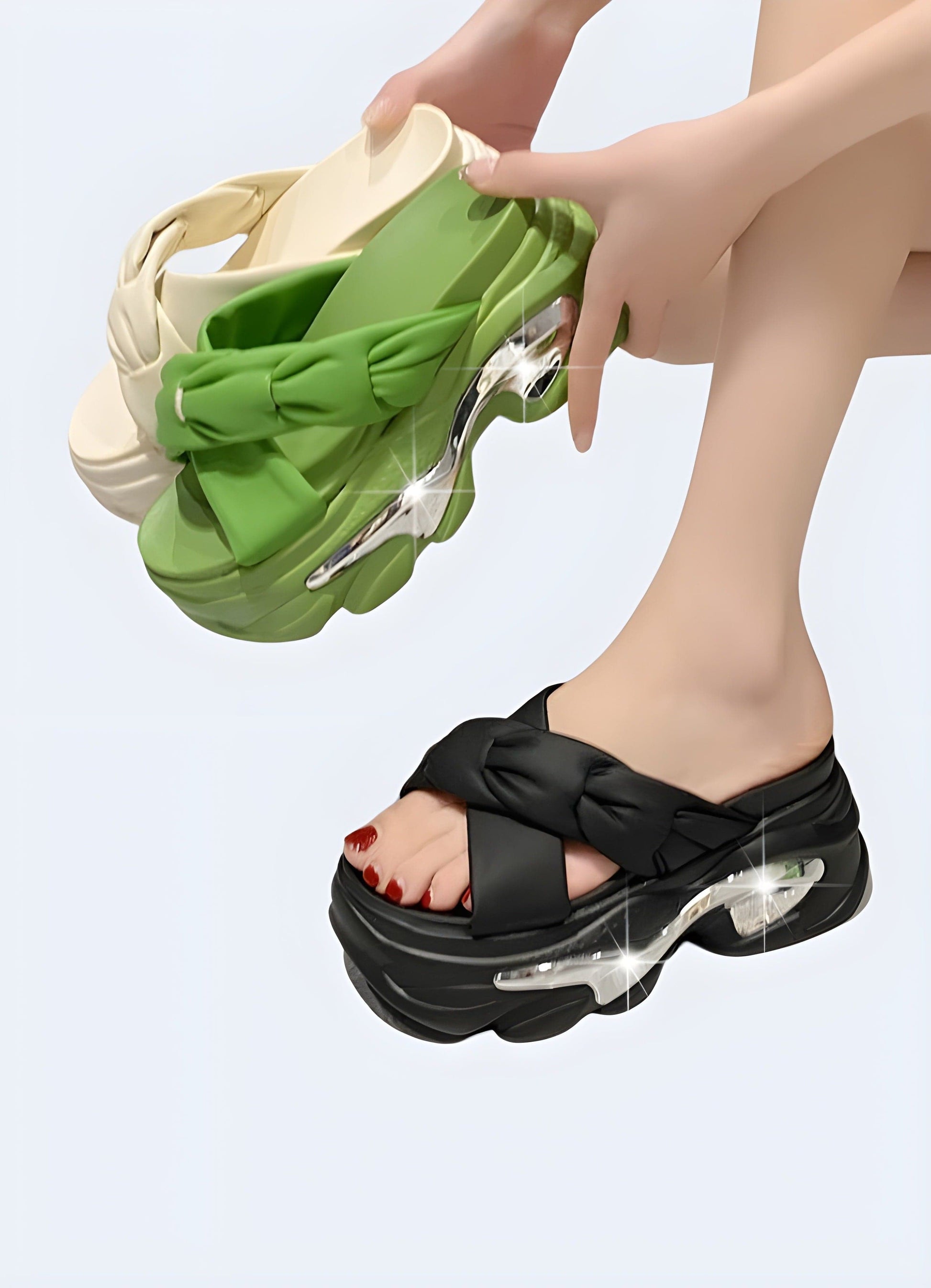 Front and side view of a woman wearing chunky comfortable sandals, emphasizing the cozy fit, stylish appearance, and ability to provide all-day comfort for summer adventures.