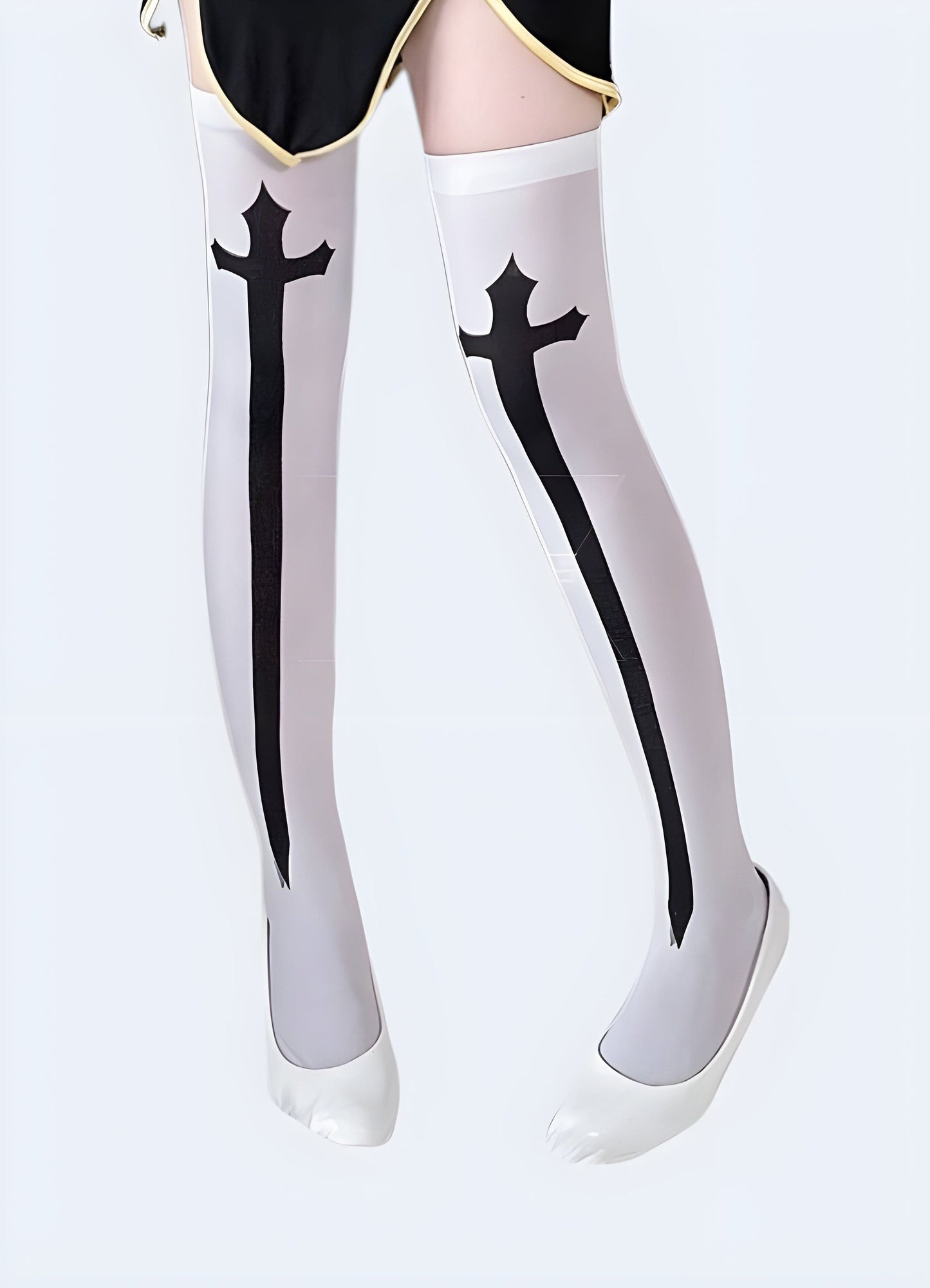 Women's white cross knee-high socks displayed from the front view, offering a chic and versatile addition to any outfit in the UK.