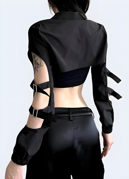 Back view of a woman wearing a cyberpunk black sleeves turtleneck, showcasing its unique sleeve detail and sleek silhouette for fashion-forward women in the UK.