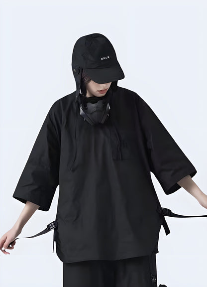 Front view of a woman wearing a darkwear loose shirt, showcasing its oversized silhouette and avant-garde design for fashion-forward women in the UK.