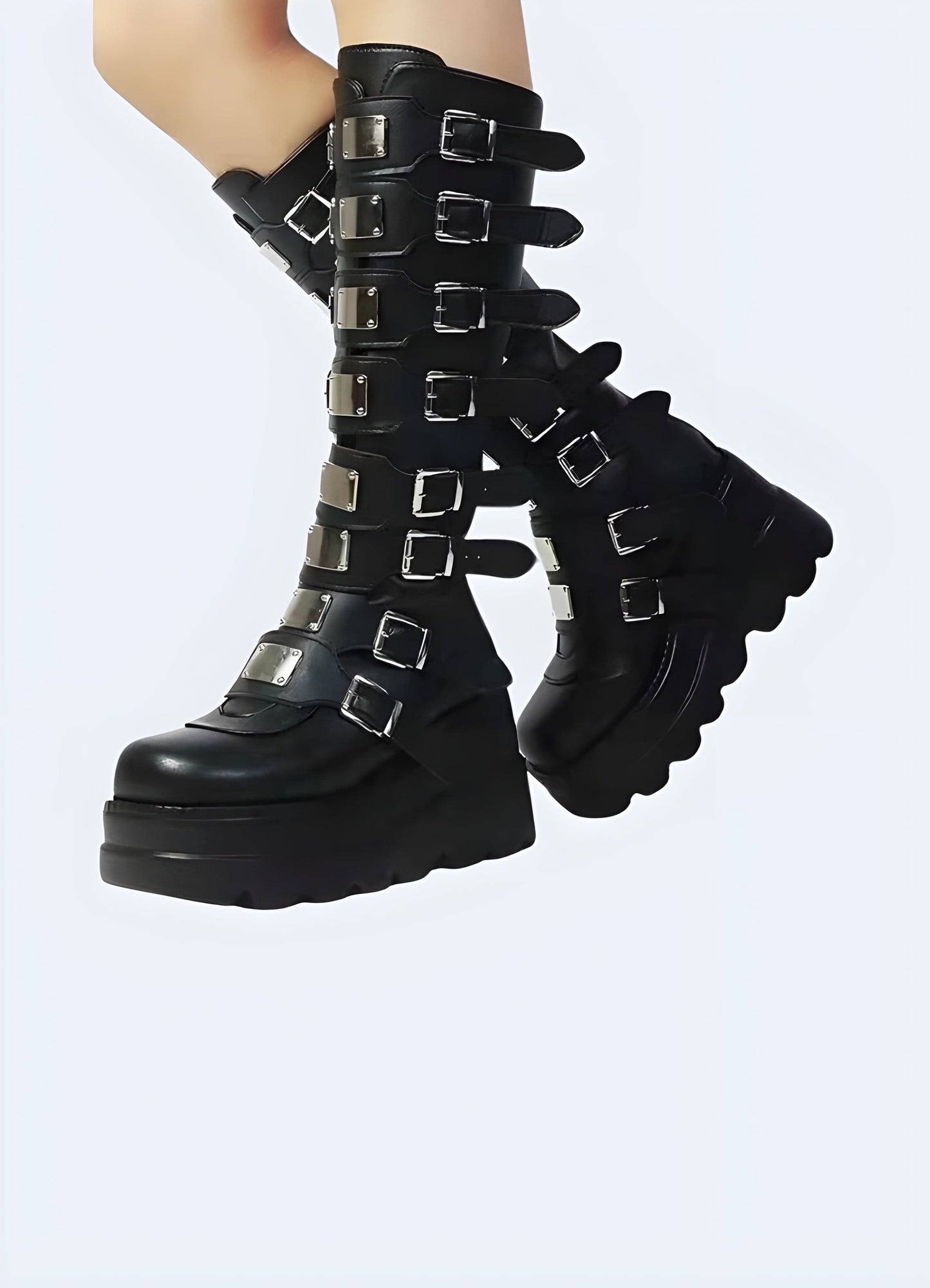 Side view of a woman wearing goth buckle boots, showcasing their edgy style and versatile appeal for UK goth and punk outfits.