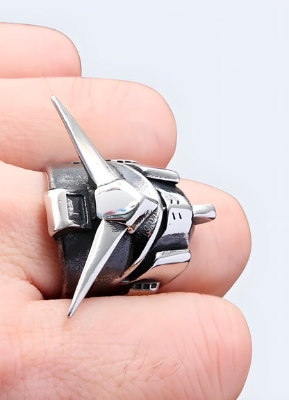 The gundam ring stands out as an emblem of where techwear converges with the evocative narrative of cyberpunk UK. 