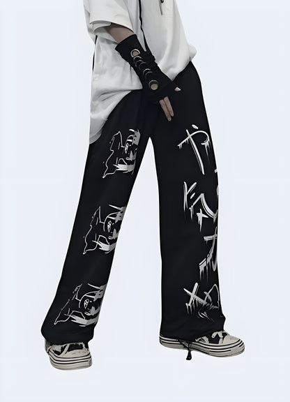 Side view of a woman wearing trendy Japanese-style baggy pants, showcasing the loose fit and unique design popular among UK fashion enthusiasts.