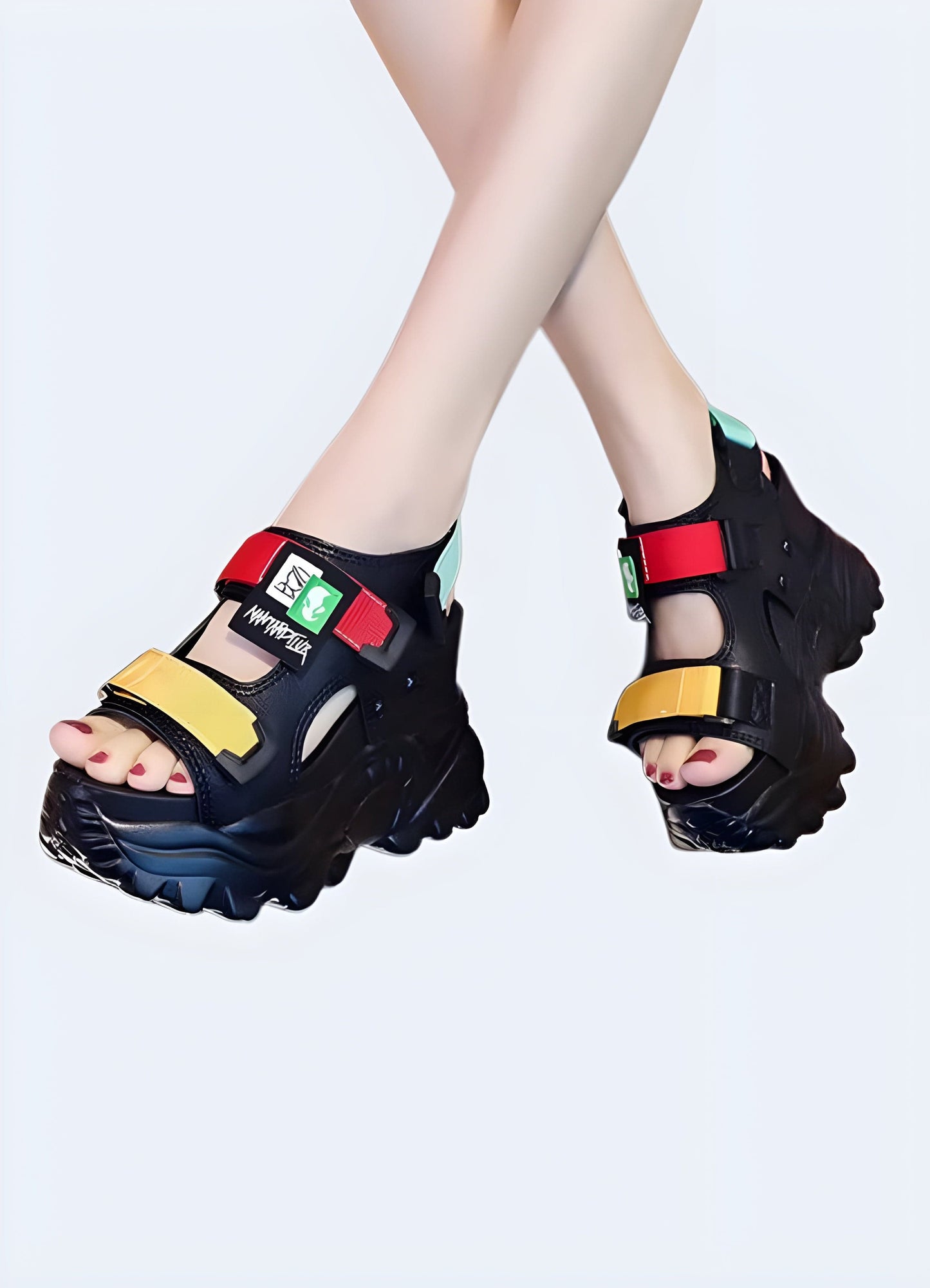 Front and side view of a woman wearing platform chunky sandals, highlighting the fashionable aesthetics, secure fit, and versatile style suitable for various occasions.