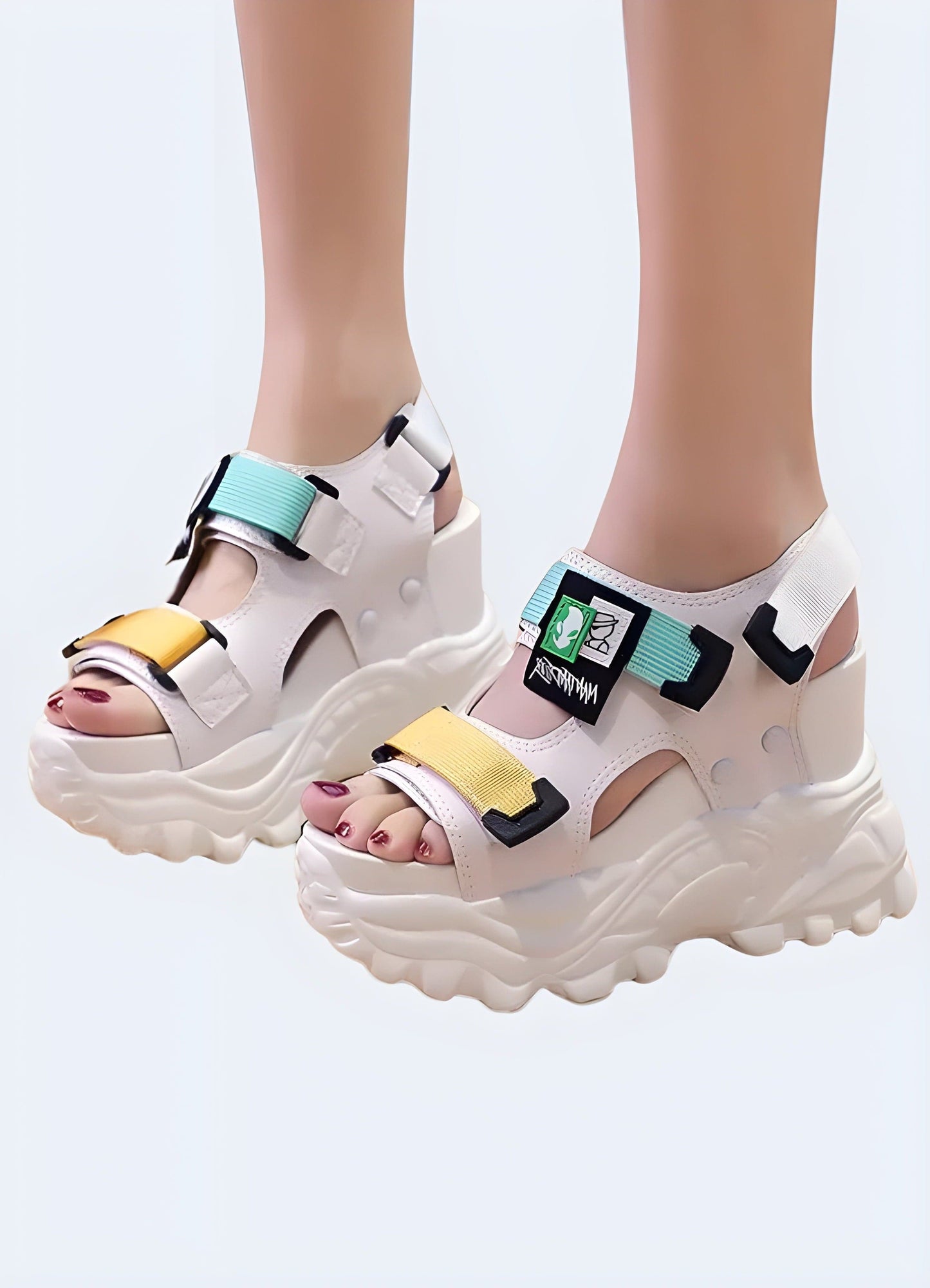 Front and side view of a woman modeling white platform chunky sandals, emphasizing the comfortable fit, trendy appearance, and ability to elevate any summer outfit.