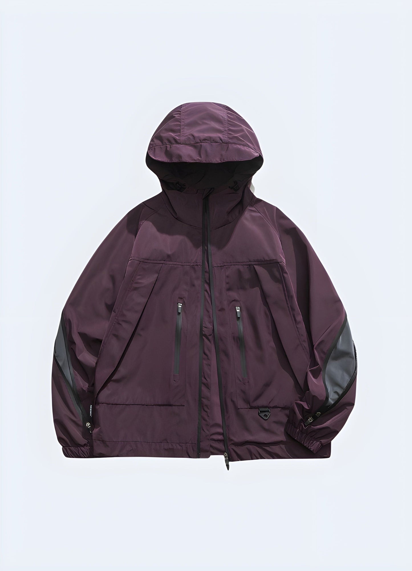 Front side view of a woman wearing a purple tactical windbreaker, combining style and practicality for UK women who love the outdoors.