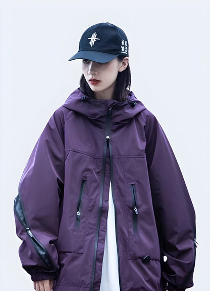 Woman wearing a fashionable and functional purple tactical windbreaker, front view, designed for the UK outdoor enthusiast.