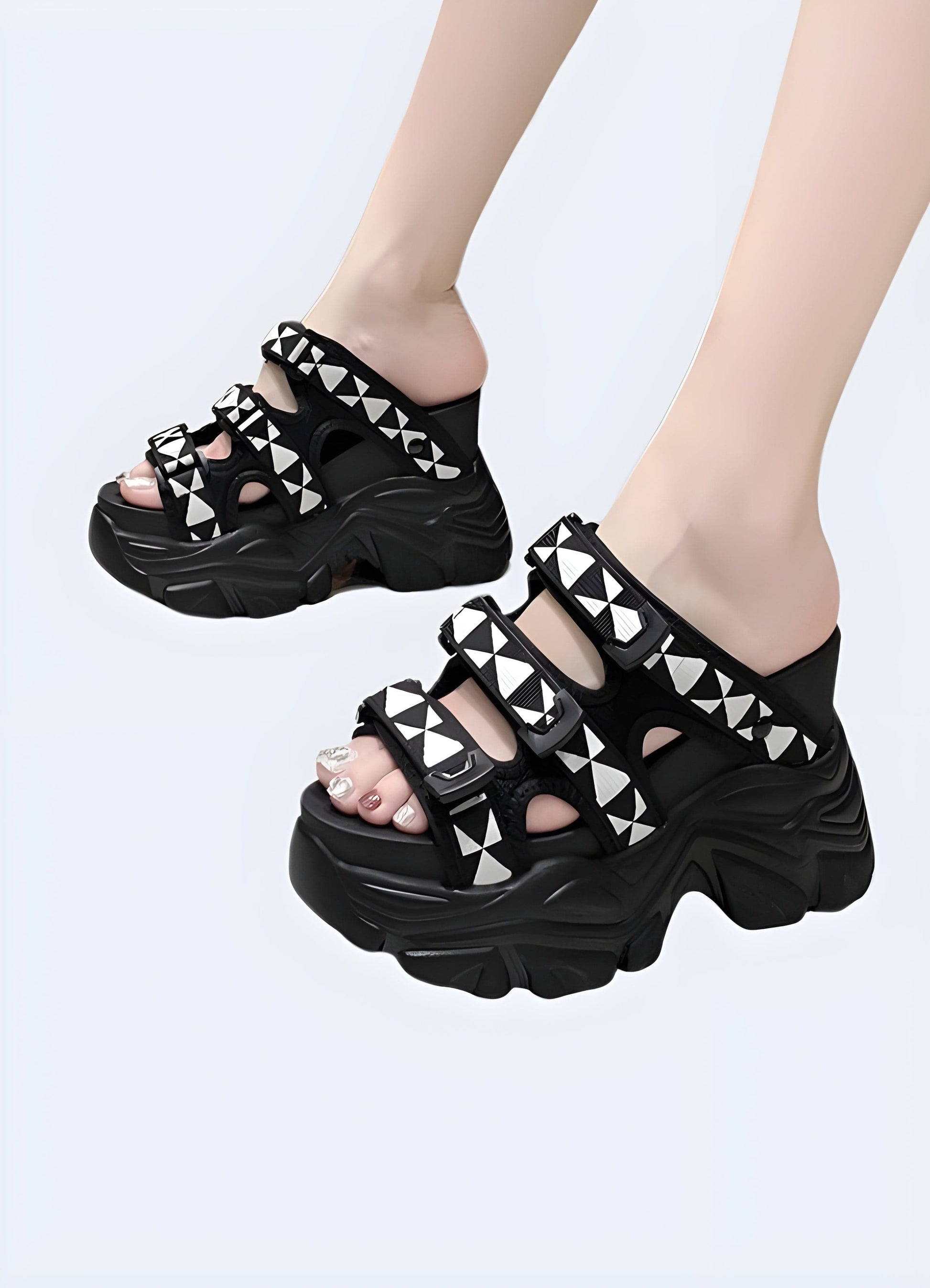 Front and side view of a woman wearing summer chunky sandals, showcasing the eye-catching design, sturdy construction, and versatile appeal perfect for various casual occasions.