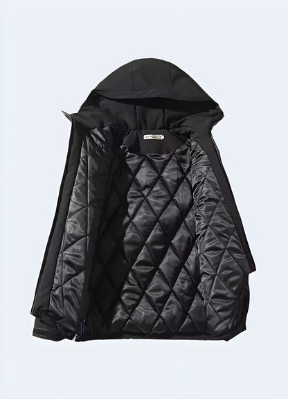 Inside view of a woman sporting a techwear cargo jacket, highlighting its sleek design and versatile features for fashion-forward women in the UK.