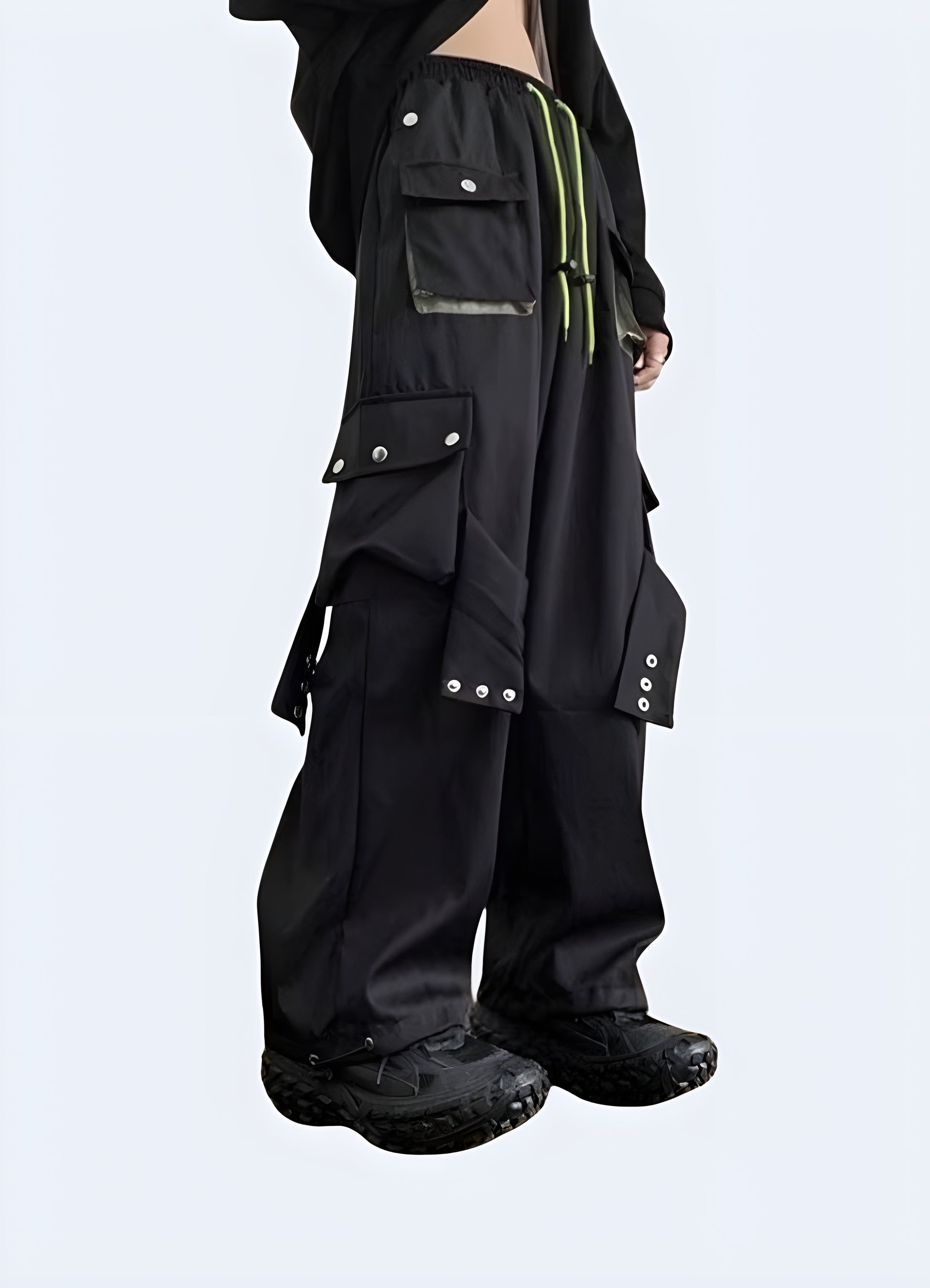 Woman wearing cutting-edge techwear cargo pants, highlighting the ergonomic fit and modern style in a right side view, available in the UK.