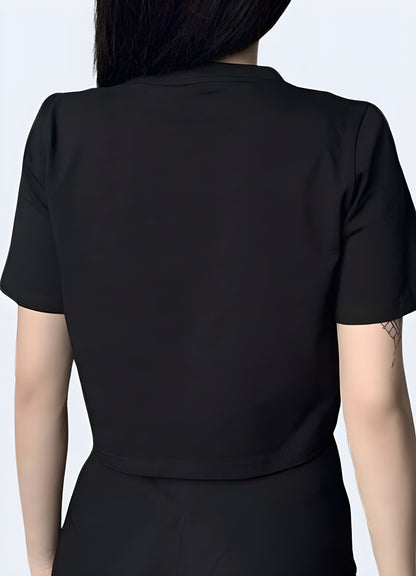 Back view of a woman wearing a techwear drawstring crop top, showcasing its unique drawstring design and modern silhouette for fashion-forward women in the UK.