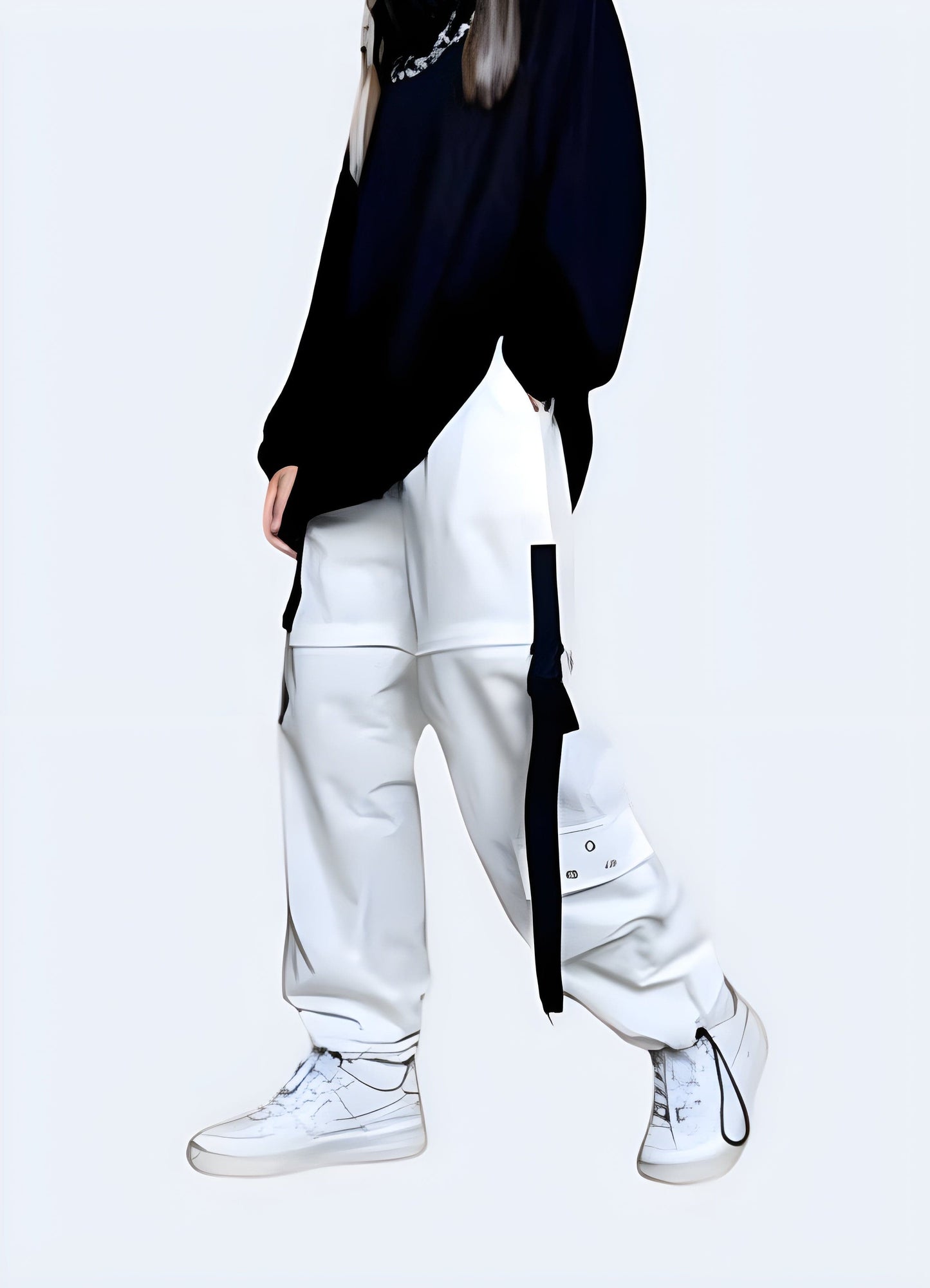 Woman wearing cutting-edge techwear white pants, showcasing the sleek design and modern style in a front side view, available in the UK.