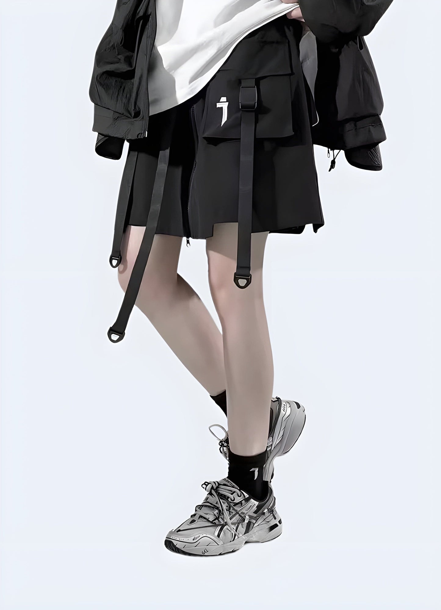 Front-side view showcasing a woman in a trendy techwear skirt featuring functional pockets, combining style and practicality for women in the UK.