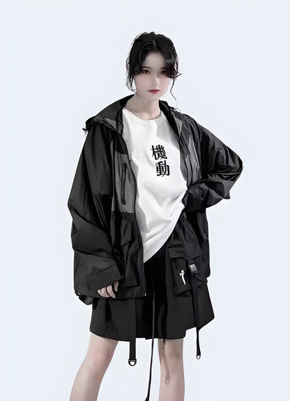 Front view of a woman wearing a fashionable and functional techwear skirt with multiple pockets, ideal for urban exploration and outdoor adventures in the United Kingdom.