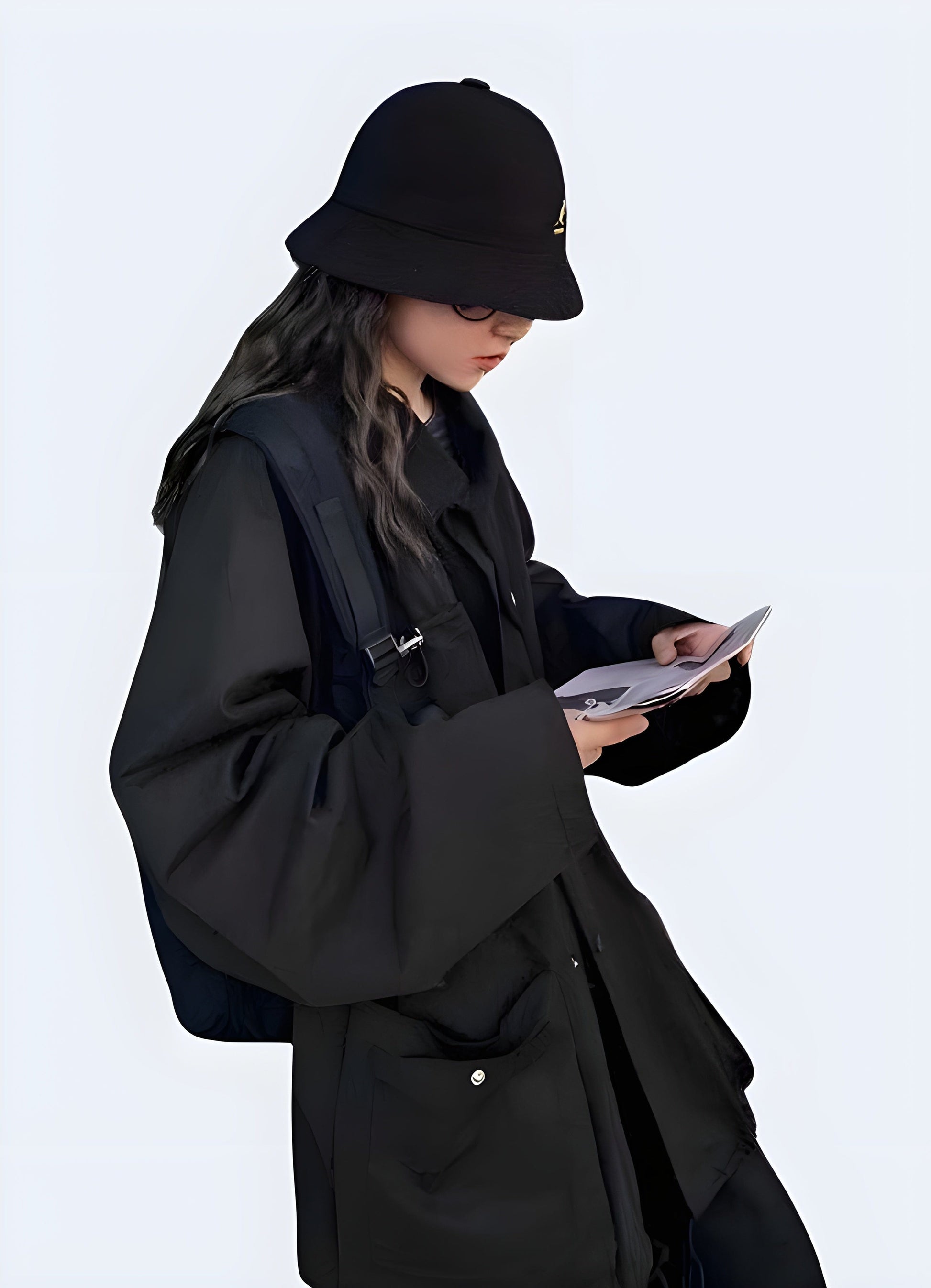 Woman modeling a sleek black techwear jacket with numerous utility pockets from the side, showcasing its modern design and functionality for UK customers.