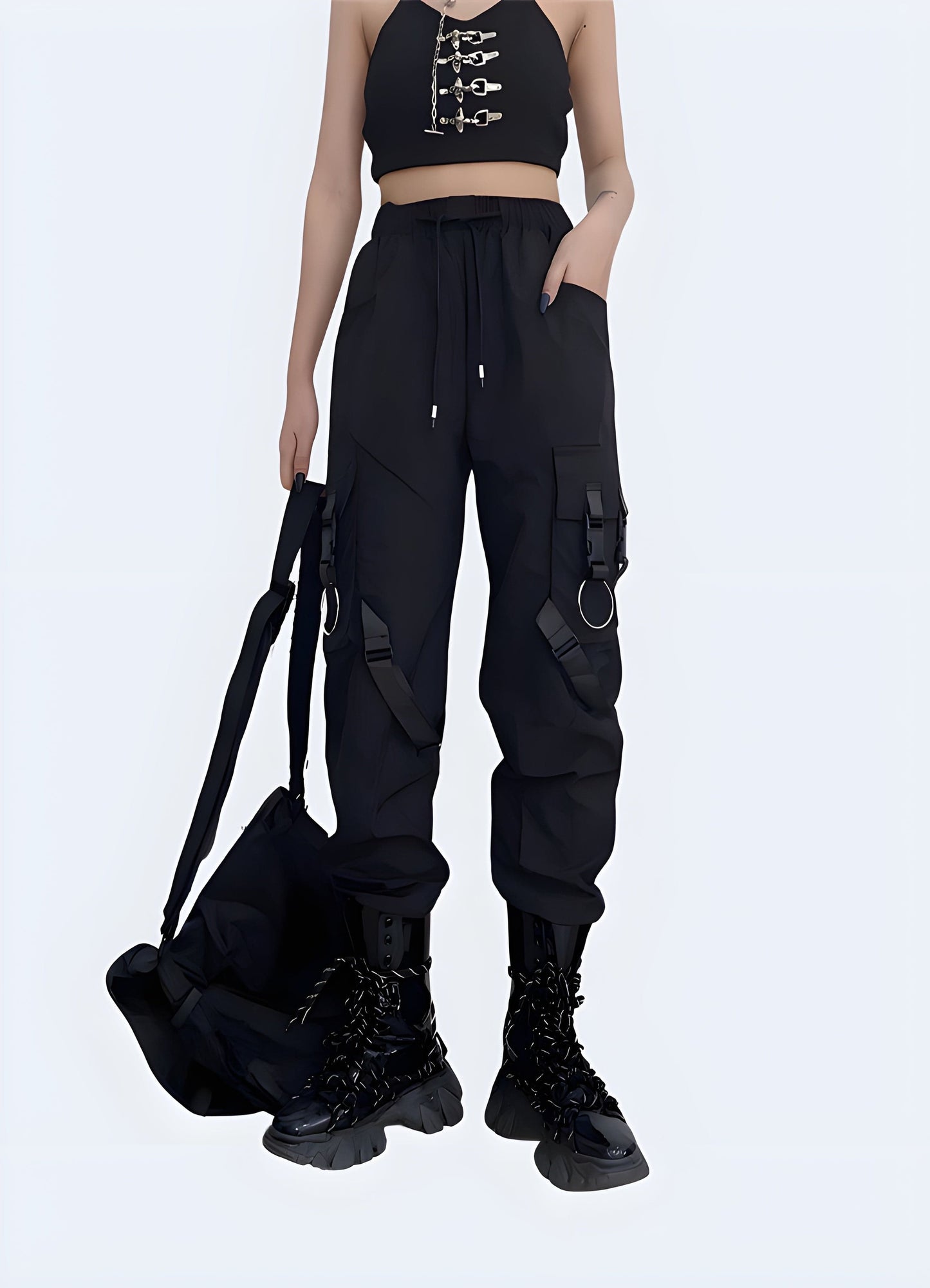 Front side view of a woman wearing techwear women's tactical cargo pants, showcasing the functional design and modern aesthetic popular in the UK.