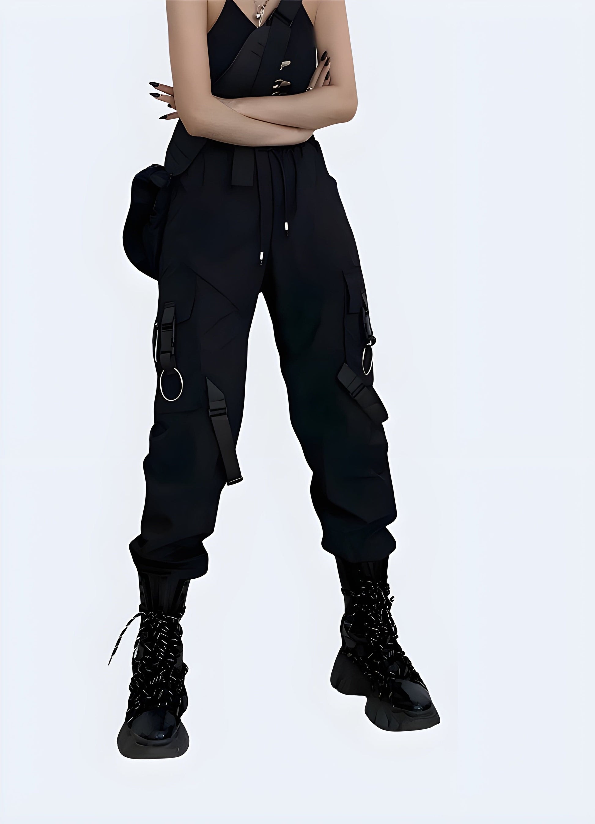 Right front view of a woman wearing techwear women's tactical cargo pants, demonstrating the versatile style and utility perfect for UK lifestyles.