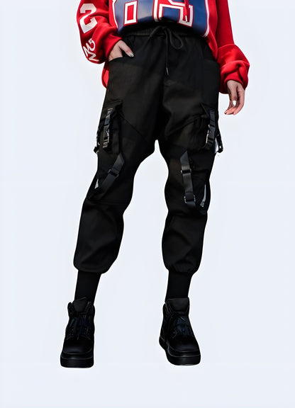 Right front view of a woman wearing techwear women's tactical cargo pants, demonstrating the versatile style and utility perfect for UK lifestyles.